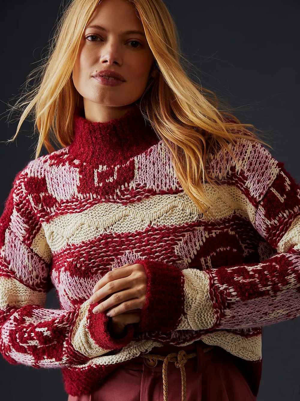 ANTHROPOLOGIE M Textured Turtleneck Sweater • Fair Isle Chunky Knit Pullover